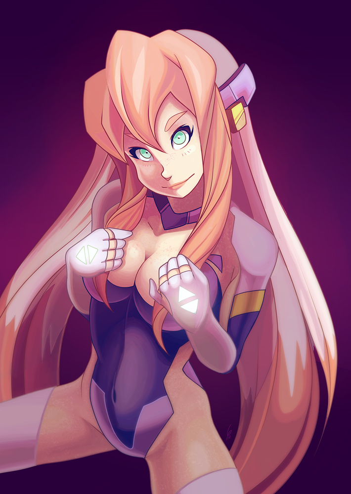 1girl, birdy_cephon_altirra, blue_eyes, breasts, cleavage, elbow_gloves, gloves, glowing
