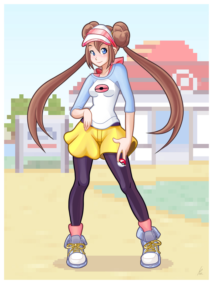1girl, black_legwear, blue_eyes, brown_hair, double_bun, holding, holding_poke_ball, long_hair