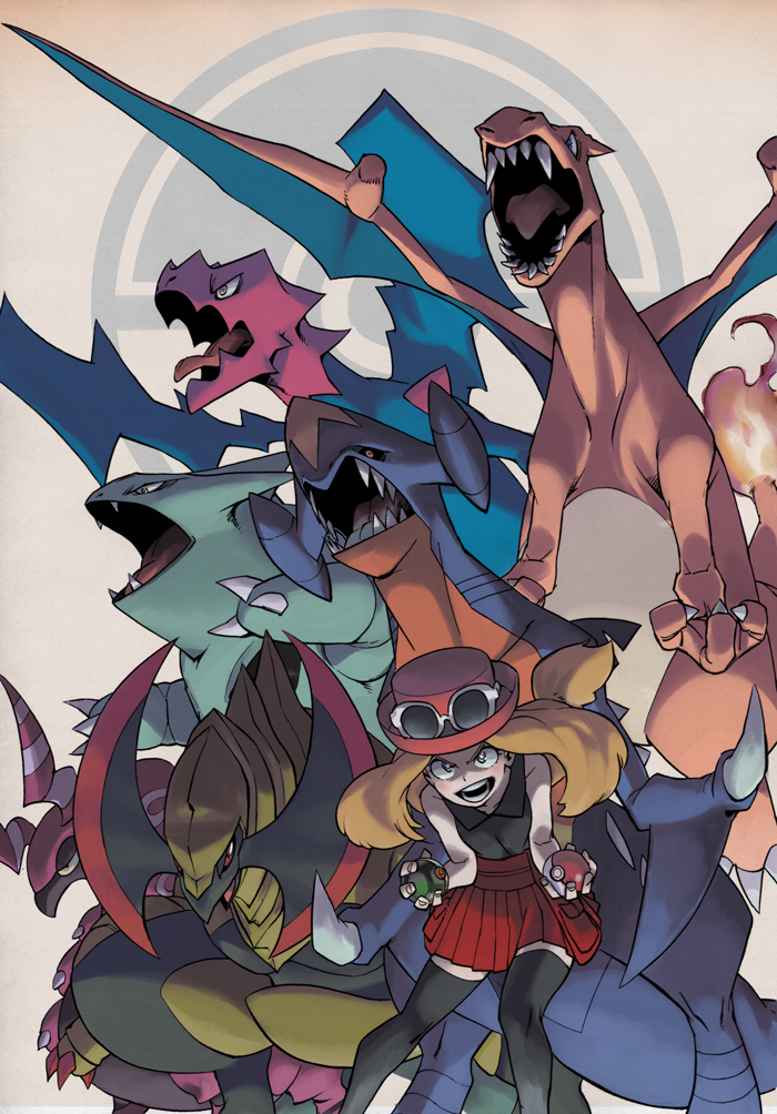 1girl, bare_shoulders, black_legwear, blonde_hair, blue_eyes, charizard, dragon, druddigon