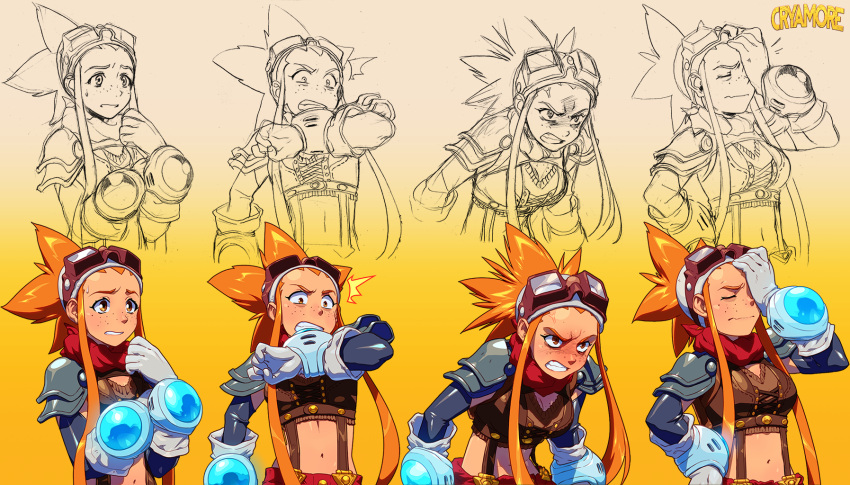 /\/\/\, 1girl, angry, bandana, blush, breasts, concept_art, crop_top