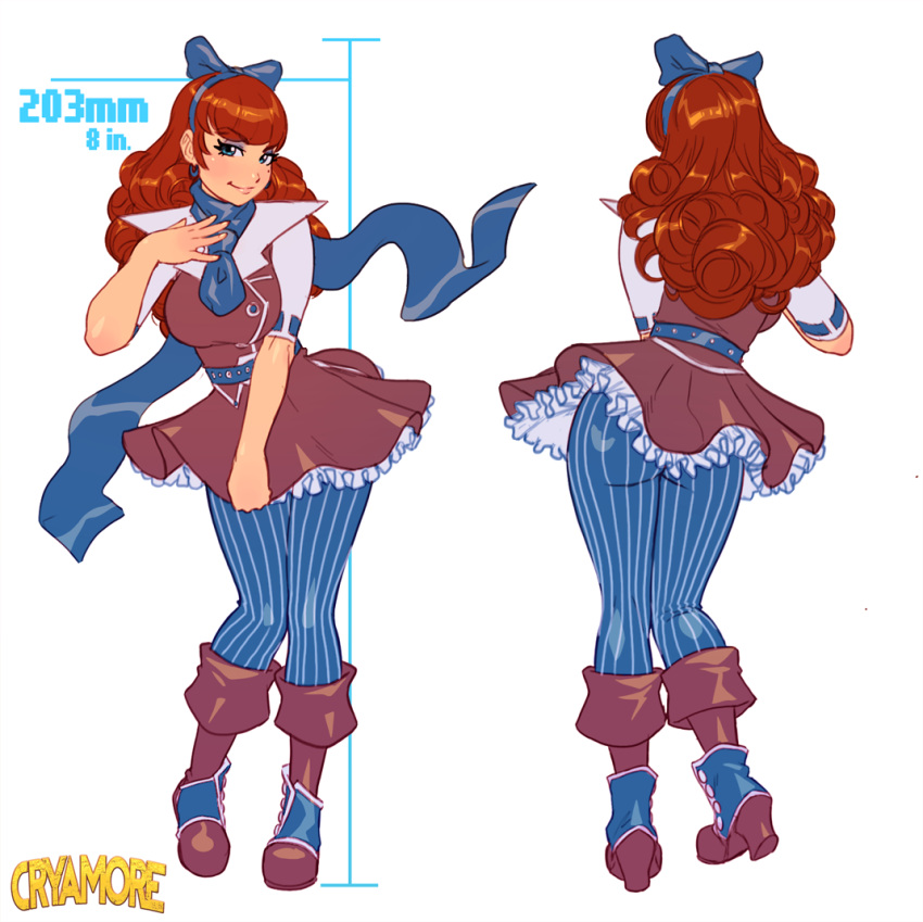 1girl, ass, belt, bliss_barson, blue_eyes, blush, boots, bow, breasts, brown_hair, concept_art, cryamore, curly_hair, dress, dress_tug, earrings, eyeshadow, hair_bow, hairband, jewelry, long_hair, makeup, mole, pants, pantyhose, revision, robert_porter, scarf, smile, solo, vertical_stripes