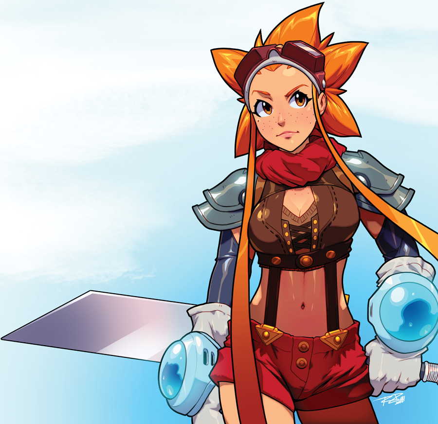 1girl, arm_behind_back, bandana, breasts, cleavage, crop_top, cryamore, cryamore_condenser