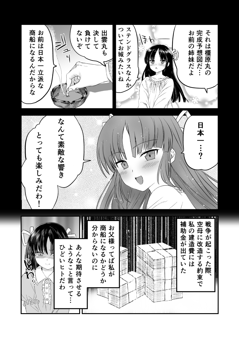 1girl, bangs, blunt_bangs, comic, dress, ensinen, hat, hiyou_(kantai_collection), kantai_collection, monochrome, translated, younger