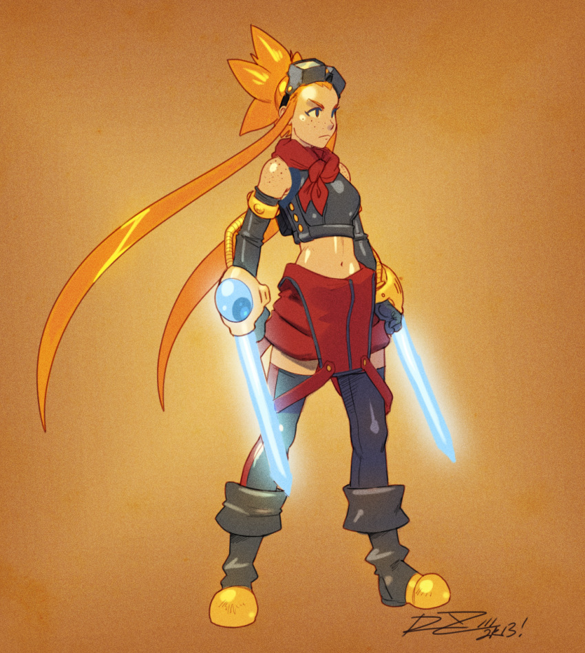 1girl, alternate_costume, arm_blade, bare_shoulders, black_legwear, boots, breastplate, cryamore