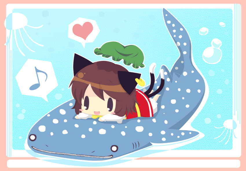 1girl, animal_ears, blush_stickers, brown_hair, cat_ears, cat_tail, chen, earrings, fish, hat, jewelry, musical_note, nagamo_sakana, short_hair, tail, touhou