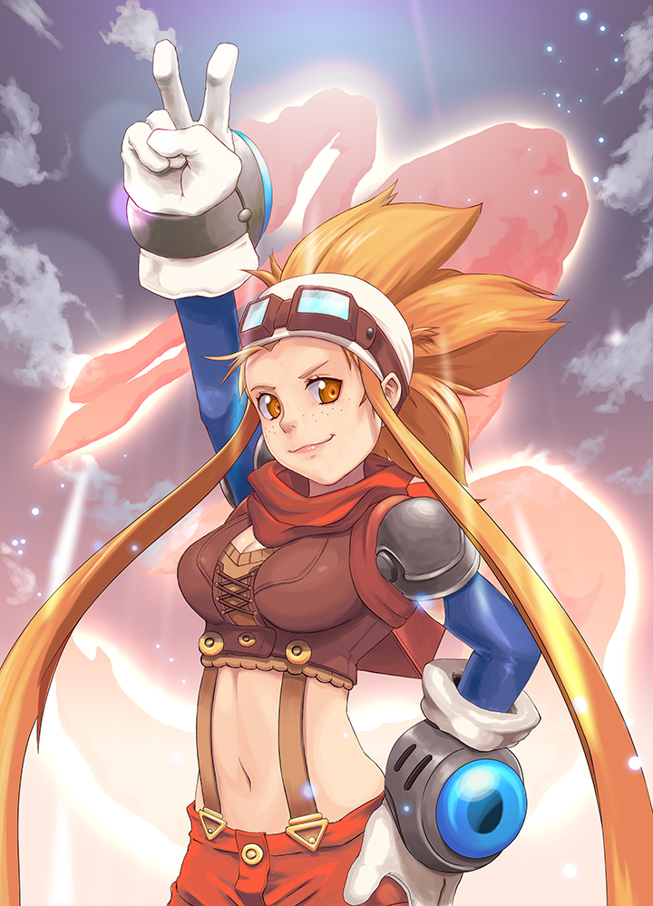 1girl, arm_above_head, backpack, bag, bandana, breasts, cryamore, cryamore_condenser