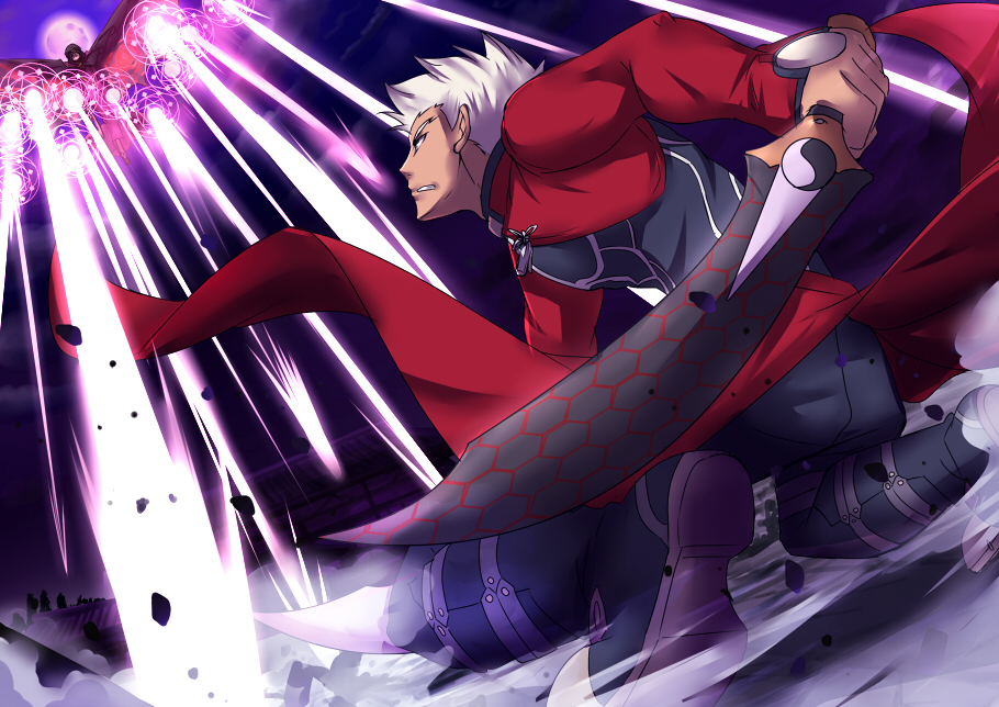 1boy, 1girl, archer, cape, caster, dark_skin, fate/stay_night, fate_(series)