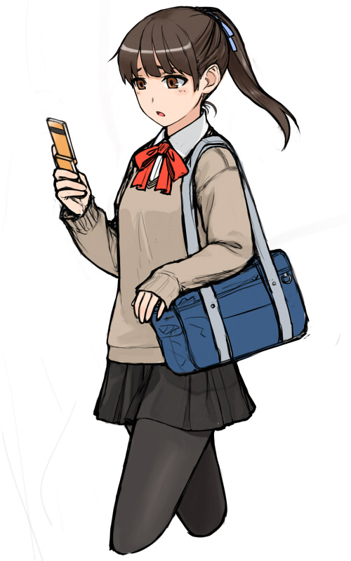 hito, pantyhose, phone, ponytail, school_uniform, skirt, sweater