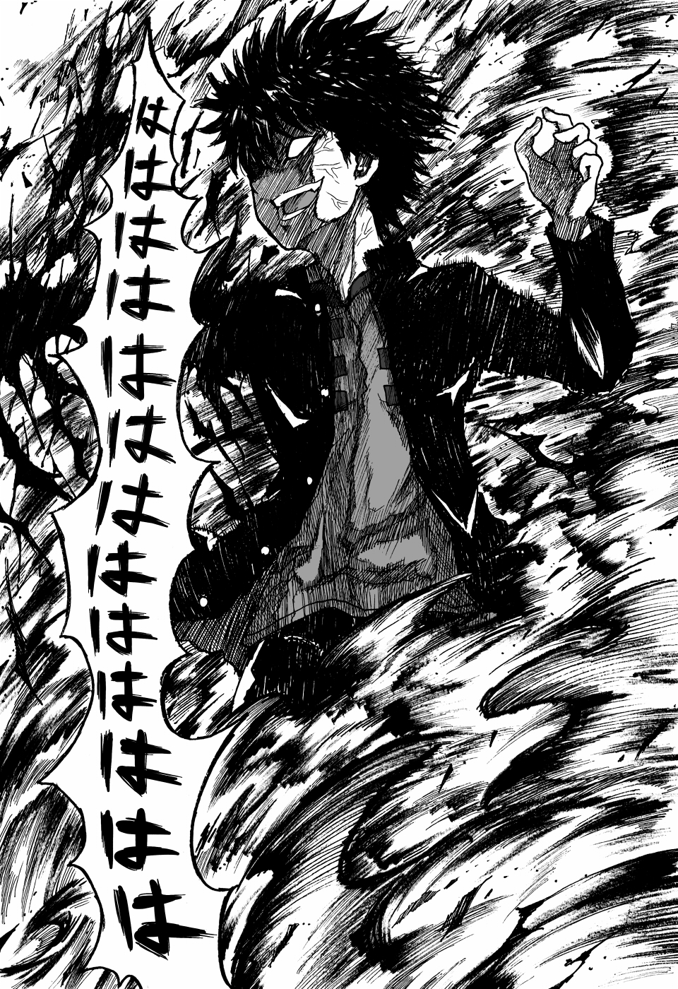 1boy, comic, highres, jacket, kamijou_touma, kosshii_(masa2243), monochrome, open_mouth