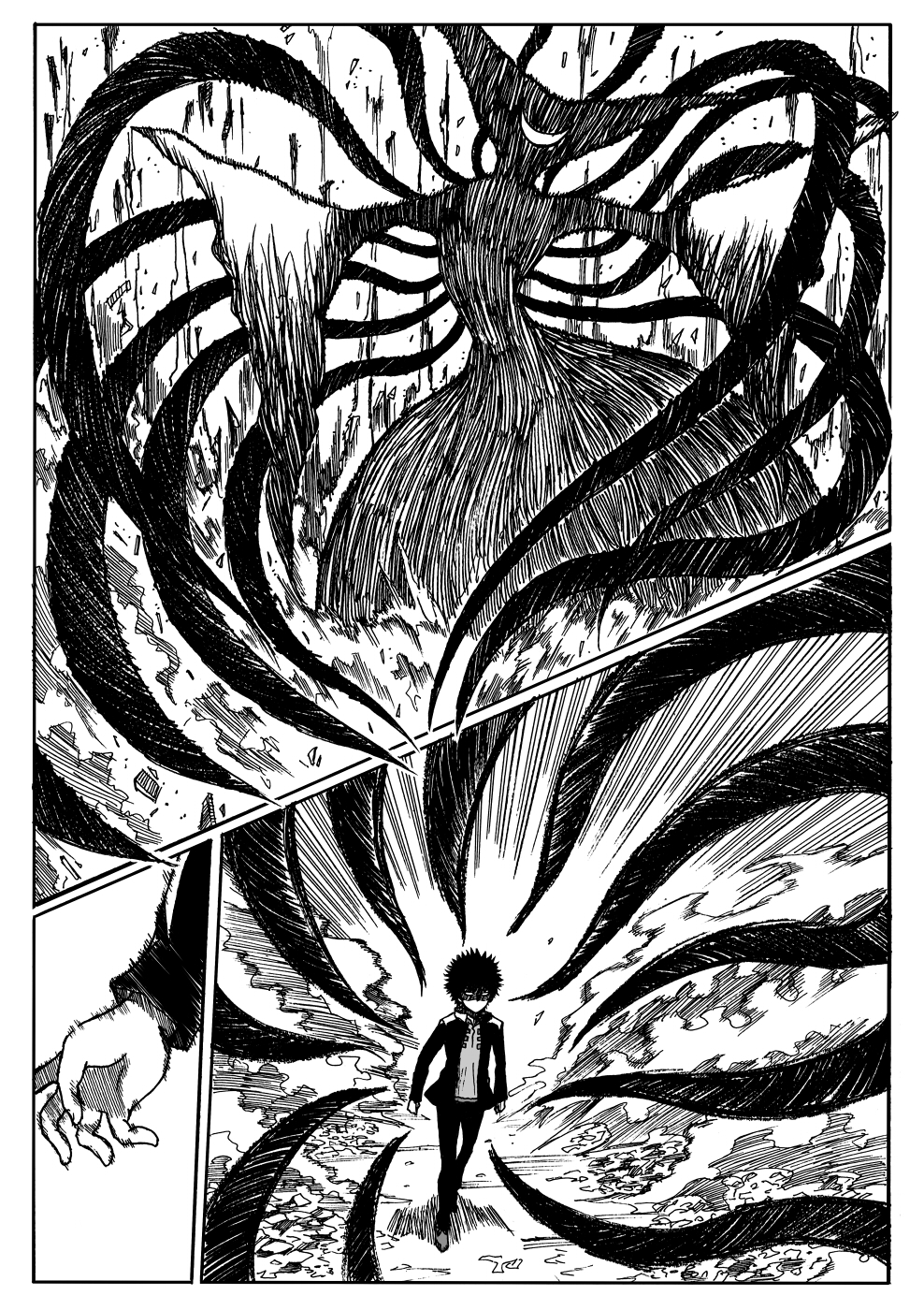 1boy, comic, crossover, highres, jacket, kosshii_(masa2243), mahou_shoujo_madoka_magica, monochrome