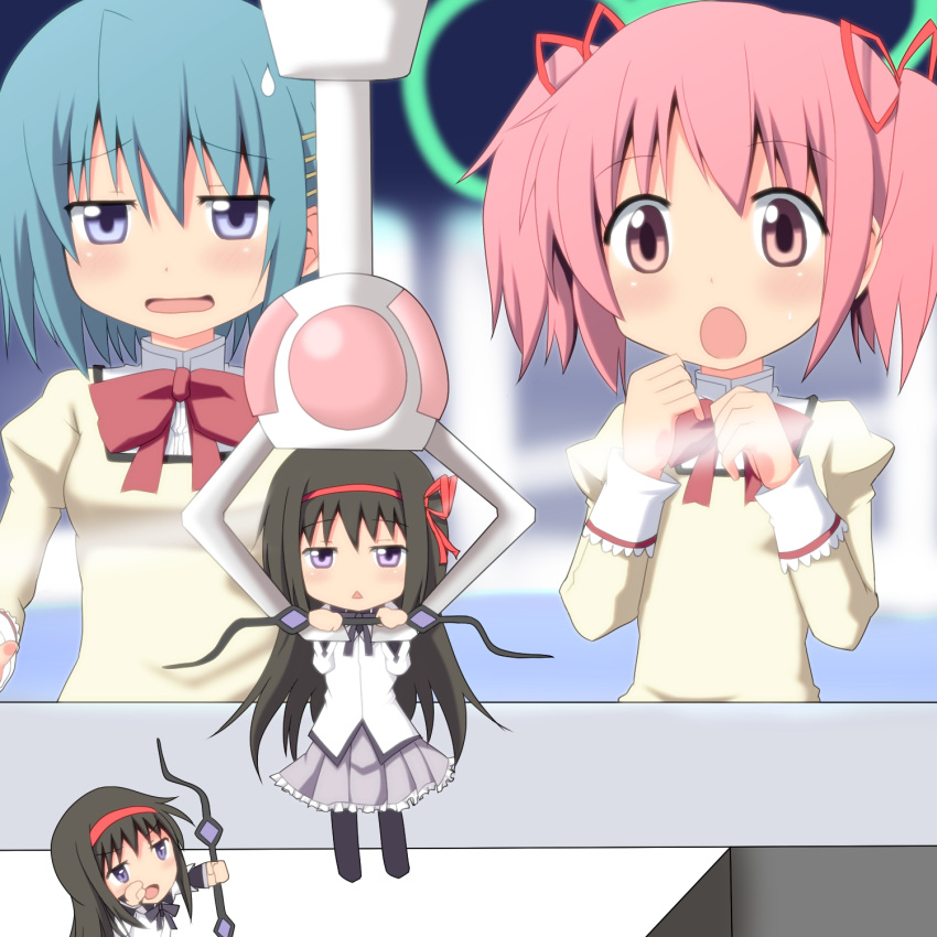 4girls, akemi_homura, blue_eyes, blue_hair, bow, bow_(weapon), crane_game, dual_persona