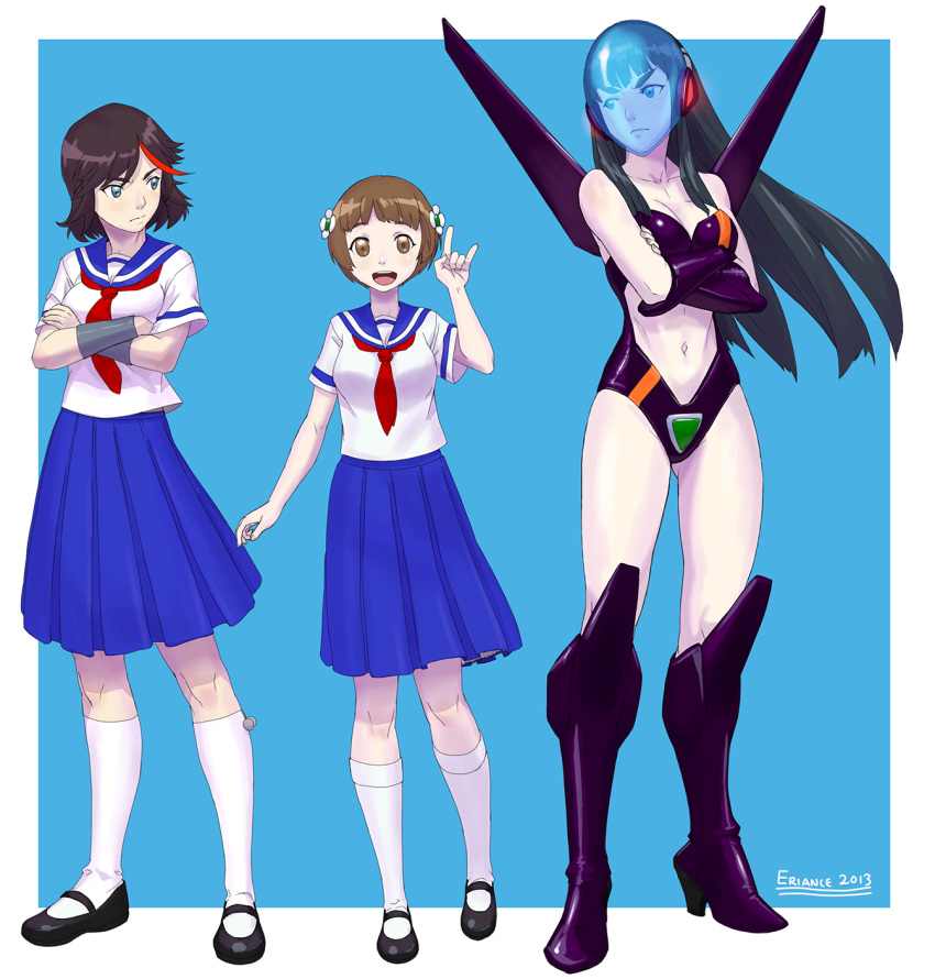 3girls, black_hair, boots, breasts, brown_hair, crossed_arms, daitokuji_biko, daitokuji_biko_(cosplay), eriance, head_mounted_display, highres, kill_la_kill, kiryuuin_satsuki, kotobuki_shiiko, kotobuki_shiiko_(cosplay), leotard, long_hair, magami_eiko, magami_eiko_(cosplay), mankanshoku_mako, matoi_ryuuko, multiple_girls, project_a-ko, school_uniform, serafuku, short_hair, visor