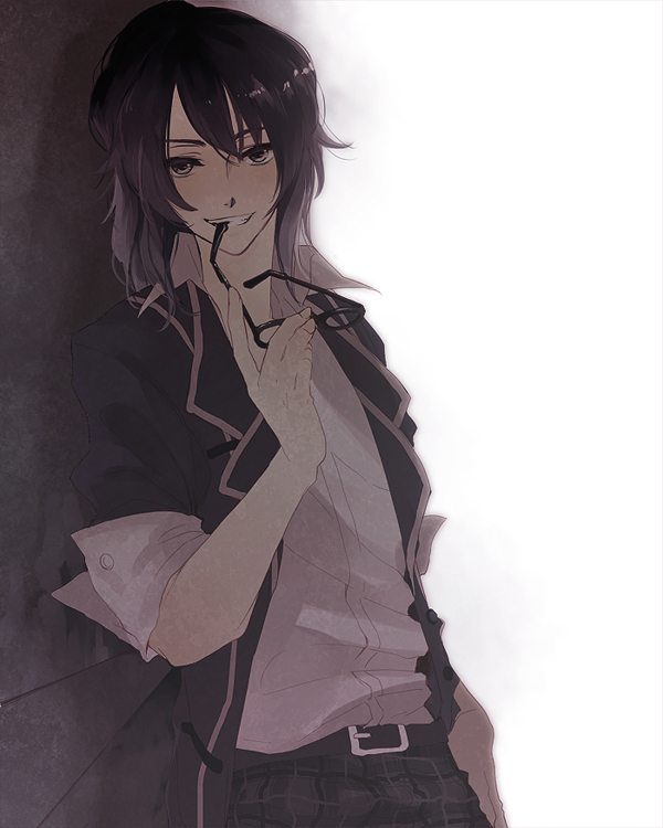 alternate_costume, alternate_hairstyle, belt, biting, black_eyes, black_hair, glasses, male, mozzu, school_uniform, sleeves_rolled_up, smile, smirk, solo, tales_of_(series), tales_of_vesperia, yuri_lowell