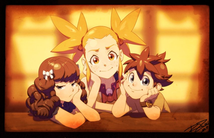 1boy, 2girls, alternate_hairstyle, bliss_barson, blue_eyes, border, bow, braxton_barson, brother_and_sister, brown_hair, chin_rest, cryamore, esmyrelda_maximus, freckles, goggles, goggles_on_head, hair_bow, mole, multiple_girls, orange_eyes, orange_hair, robert_porter, siblings, signature, smile, twintails, watch, watch, younger