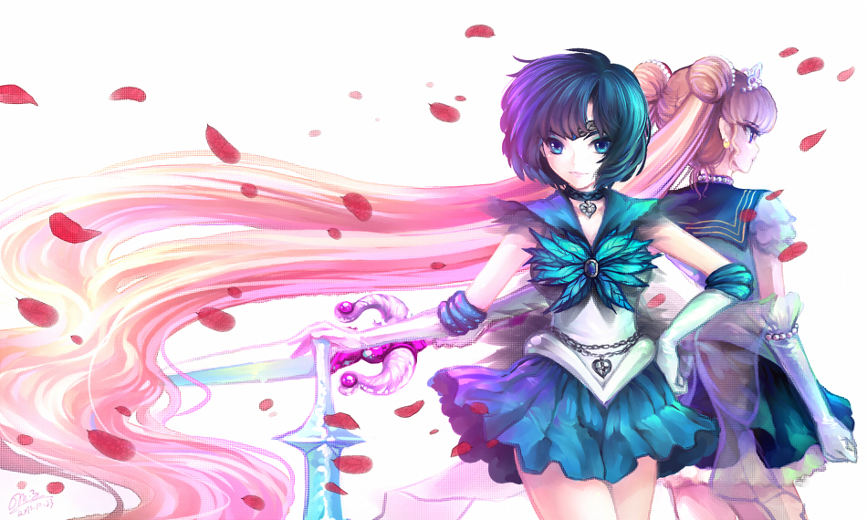 2girls, bishoujo_senshi_sailor_moon, blonde_hair, blue_eyes, blue_hair, brooch, choker, dark_mercury