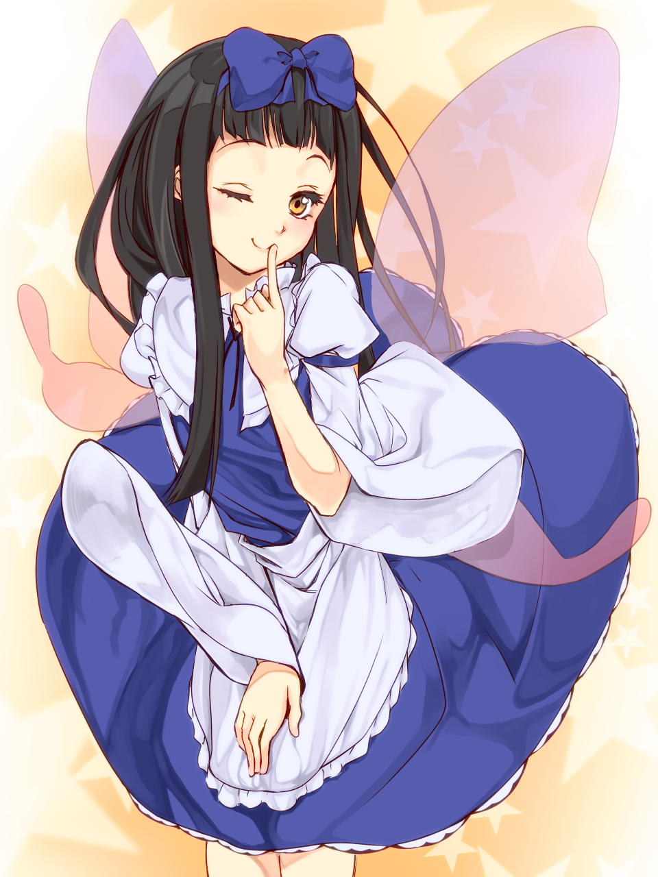1girl, apron, black_hair, blush, bow, dress, fairy_wings, finger_to_mouth