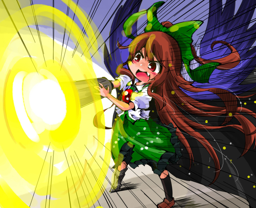 1girl, arm_cannon, bird_wings, black_wings, bow, brown_hair, fang, firing