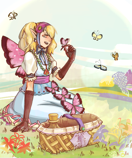 agitha, basket, blonde_hair, butterfly, earrings, gloves, gothic_lolita, jewelry
