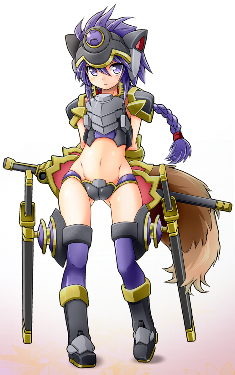 1girl, armor, arms_behind_back, blush, boots, braid, karukan_(monjya), long_hair