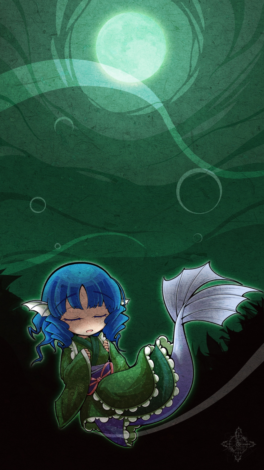 1girl, blue_hair, drill_hair, full_moon, green_moon, head_fins, highres, japanese_clothes