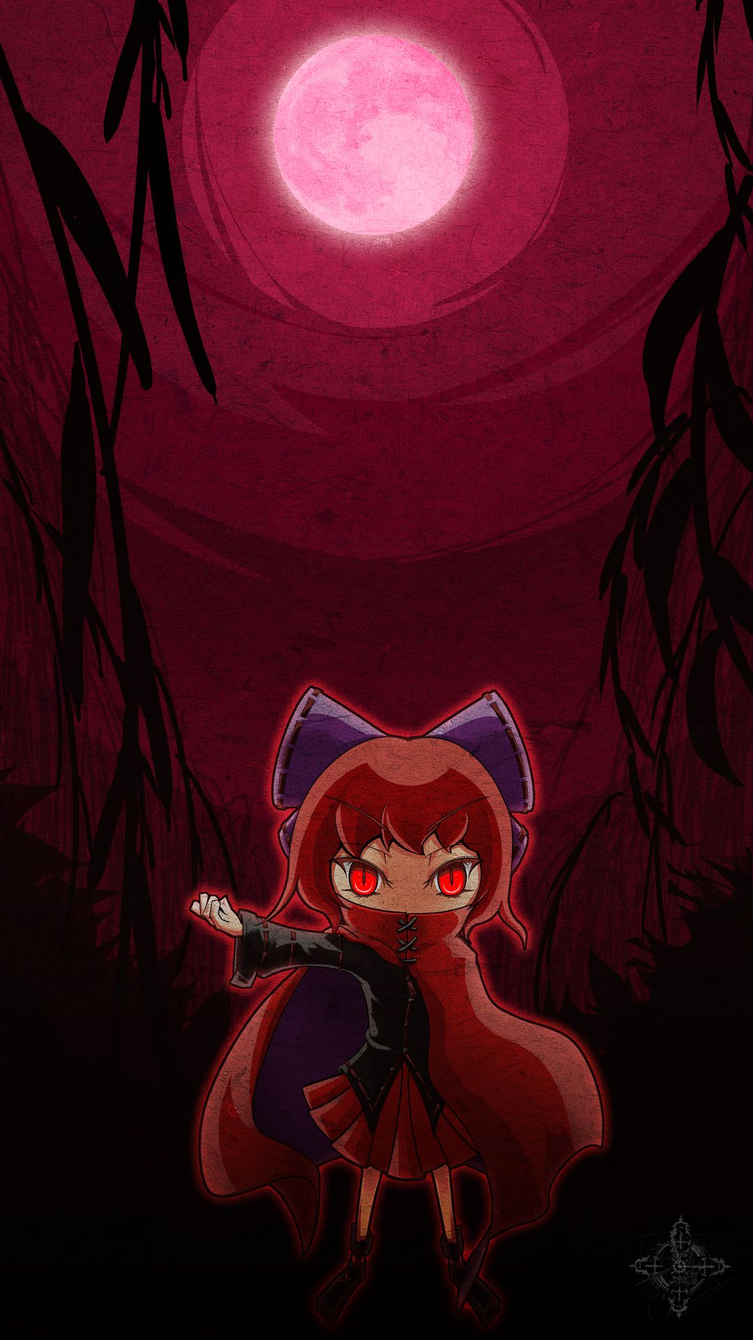 1girl, bow, cape, full_moon, hair_bow, highres, long_sleeves, moon