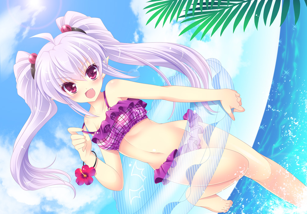 1girl, ahoge, bikini, blush, dutch_angle, fang, fisheye, frost_auslese