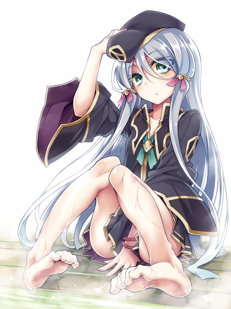 1girl, beret, blue_hair, green_eyes, hat, long_hair, onsen_dragon_oukoku, solo, water, wet, yuu_(amadoki)