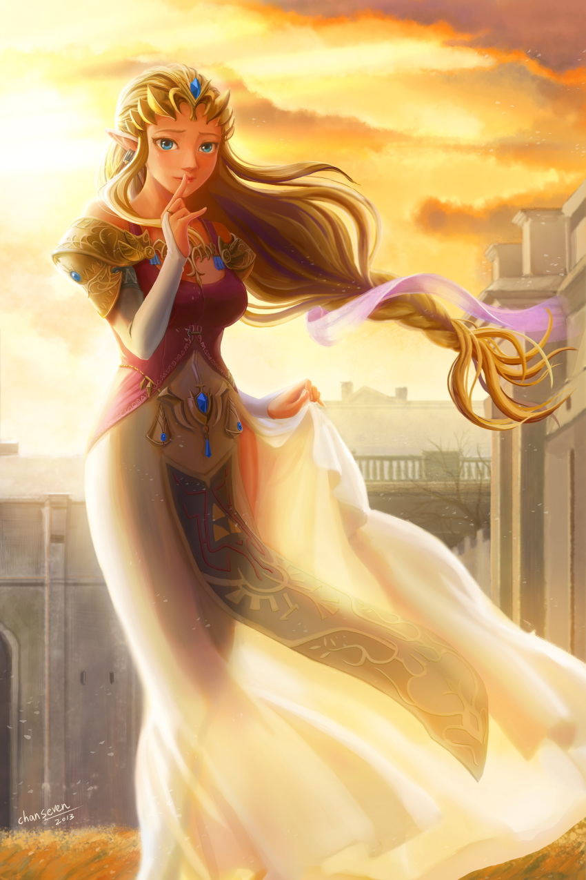 absurdres, blonde_hair, bridal_gauntlets, chanseven, dress, highres, jewelry, long_dress