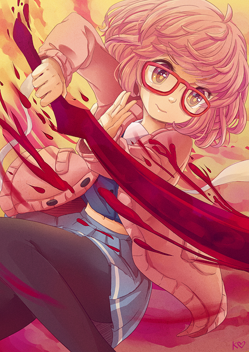 1girl, black_legwear, blood, blood_sword, bob_cut, cardigan, glasses, konsensya