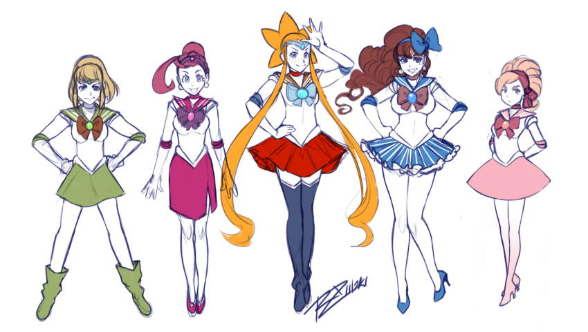 5girls, ahoge, arms_behind_back, bandana, bishoujo_senshi_sailor_moon, bliss_barson, boots, bow
