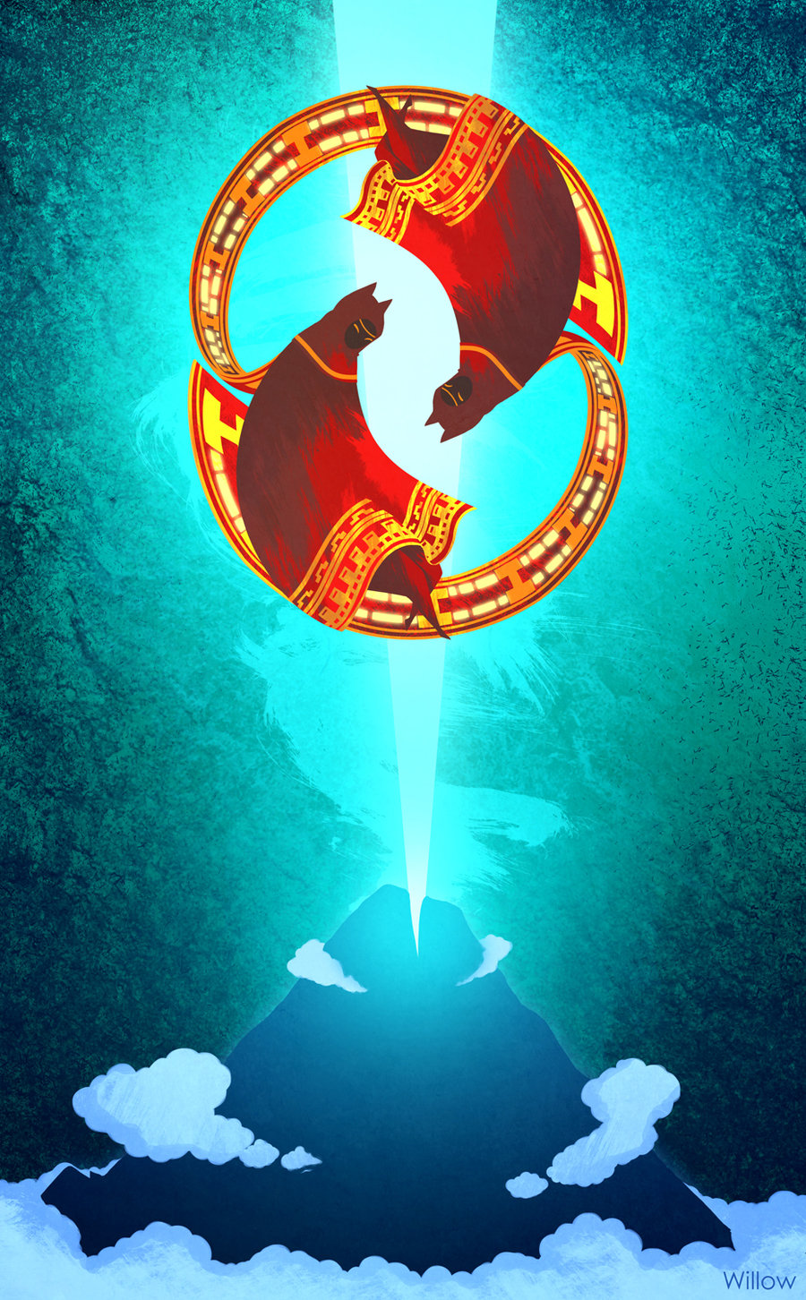 artist_name, cloak, clouds, glowing, glowing_eyes, highres, journey, mountain, rotational_symmetry, scarf, traveler, willow_(willow-san)