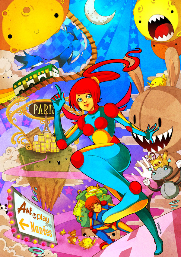 ._., 1boy, 1girl, 2013, :<, animal_on_head, artist_name, bear