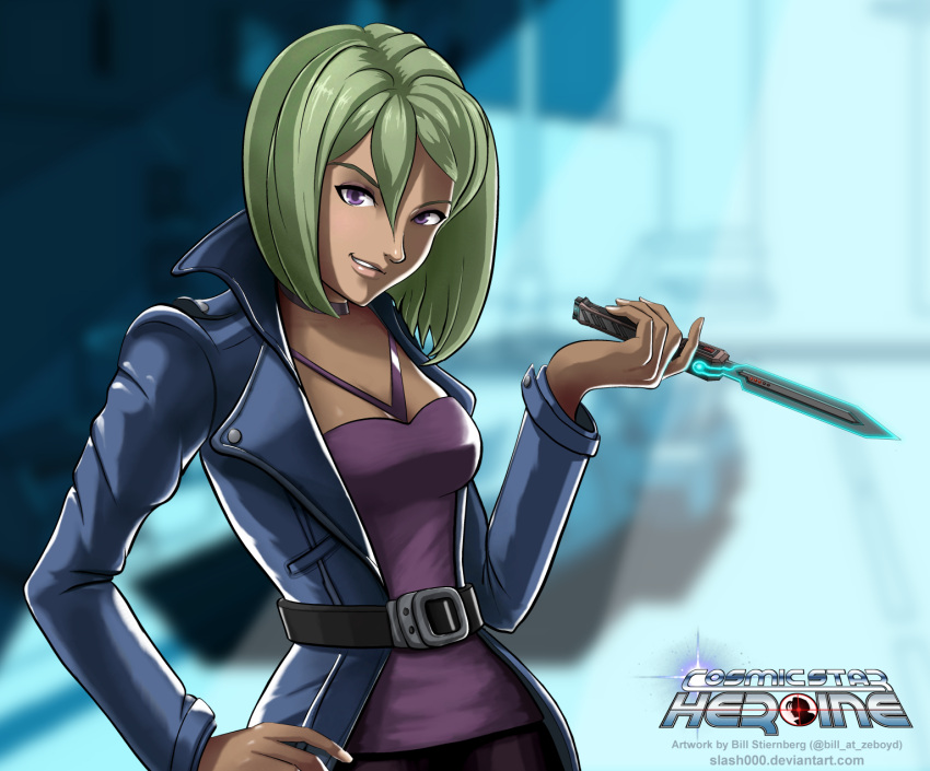 1girl, artist_name, belt, bill_stiernberg, blonde_hair, copyright_name, cosmic_star_heroine, hand_on_hip