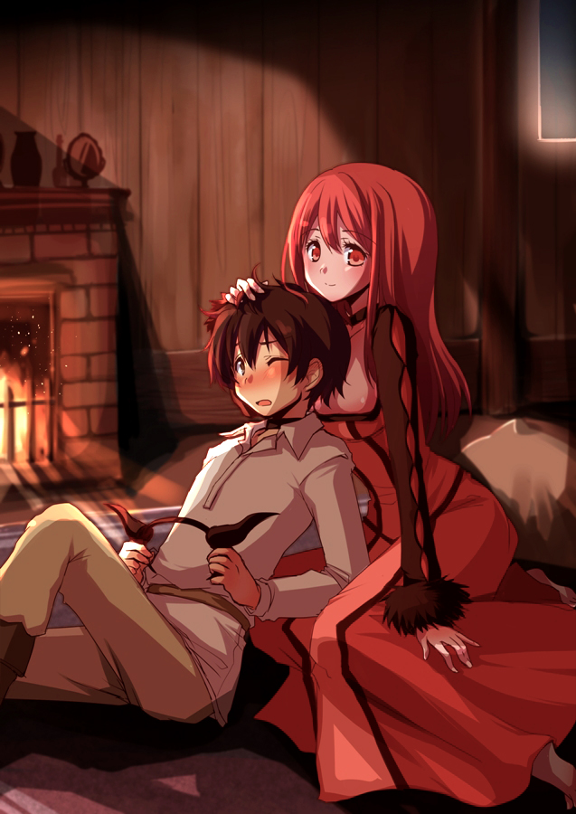 1boy, 1girl, blush, brown_hair, fireplace, hand_on_another's_head, long_hair, maou_(maoyuu)