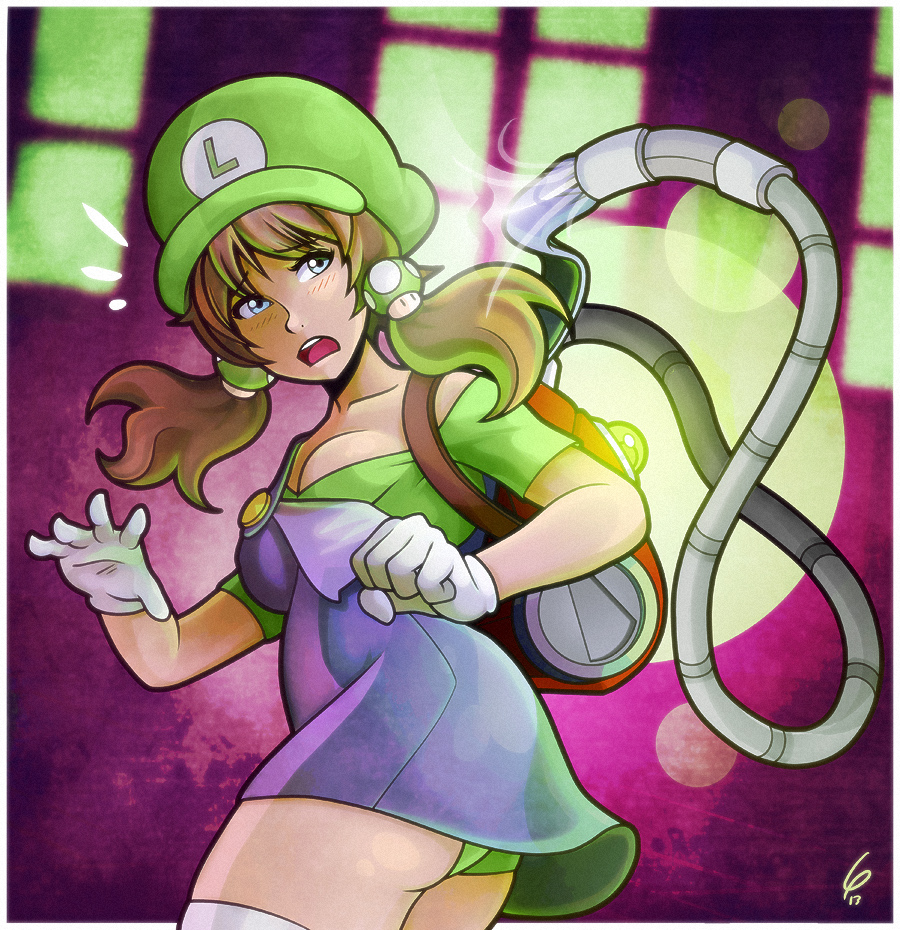 1girl, blue_eyes, blush, breasts, brown_hair, cleavage, dress, female, flying_sweatdrops, genderswap, gloves, green_panties, hair_ornament, hat, long_hair, louistrations, luigi, luigi's_mansion, mushroom, panties, pantyshot, pantyshot_(standing), solo, standing, super_mario_bros., suspenders, thighhighs, twintails, underwear, vacuum_cleaner, wardrobe_malfunction, white_gloves, white_legwear, you're_doing_it_wrong