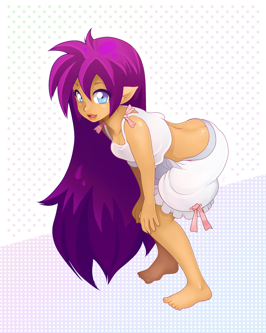 1girl, back, barefoot, bent_over, blue_eyes, butt_crack, dark_skin, hair_down