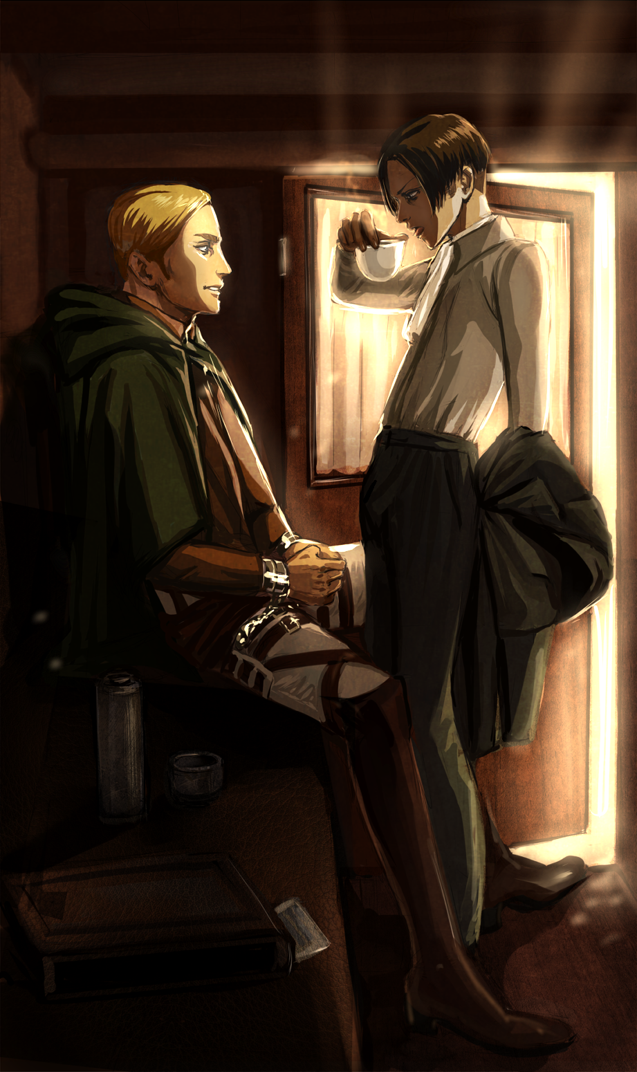 2boys, aivelin, ascot, black_hair, blonde_hair, cape, cuffs, cup, erwin_smith, handcuffs, highres, jacket, levi_(shingeki_no_kyojin), shingeki_no_kyojin