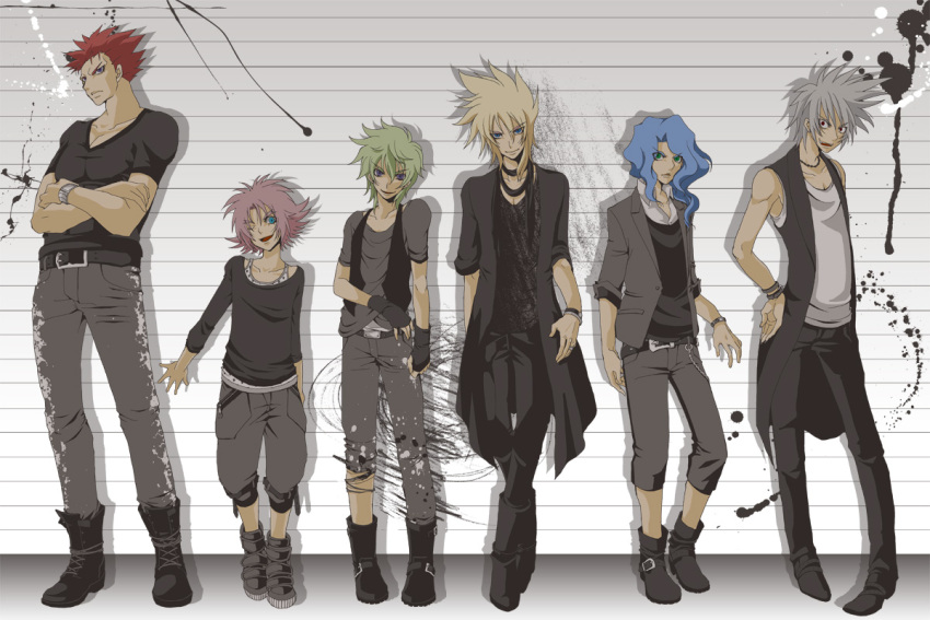 6+boys, bakugan, bakugan_new_vestroia, belt, black_clothes, blonde_hair, blue_eyes, blue_hair, boots, caqui, coat, crossed_arms, gus_grav, hydron_(bakugan), lync_volan, multiple_boys, pink_hair, scarf, shadow_prove, sleeveless, sleeveless_shirt, spectra_phantom, volt_luster, watch, watch, wavy_hair, white_hair, wink