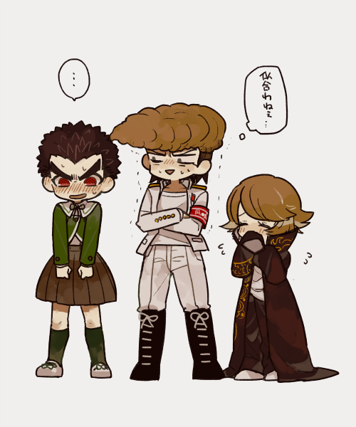 3boys, armband, black_hair, blush, brown_hair, cosplay, costume_switch, crossdressinging, dangan_ronpa, fujisaki_chihiro, ishimaru_kiyotaka, long_hair, multiple_boys, oowada_mondo, red_eyes, sawarabi, school_uniform, short_hair, skirt, uniform, yaoi
