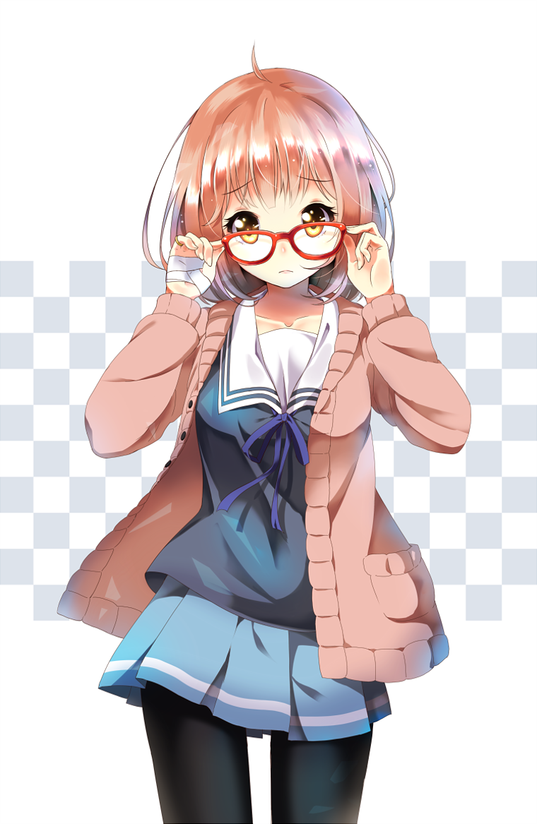 1girl, ahoge, bandages, black_legwear, blush, bob_cut, brown_hair, cardigan, checkered, checkered_background, danzero, frown, glasses, hand_on_glasses, jewelry, kuriyama_mirai, kyoukai_no_kanata, pantyhose, red-framed_glasses, ring, school_uniform, serafuku, short_hair, skirt, solo, yellow_eyes