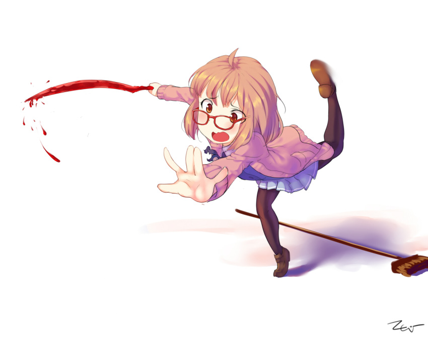 1girl, ahoge, black_legwear, blood, blush, bob_cut, broom, brown_eyes, brown_hair, cardigan, glasses, kuriyama_mirai, kyoukai_no_kanata, loafers, nevi_nakuta, outstretched_arm, outstretched_hand, pantyhose, red-framed_glasses, school_uniform, serafuku, shoes, short_hair, simple_background, skirt, solo, sword, tripping, weapon, white_background