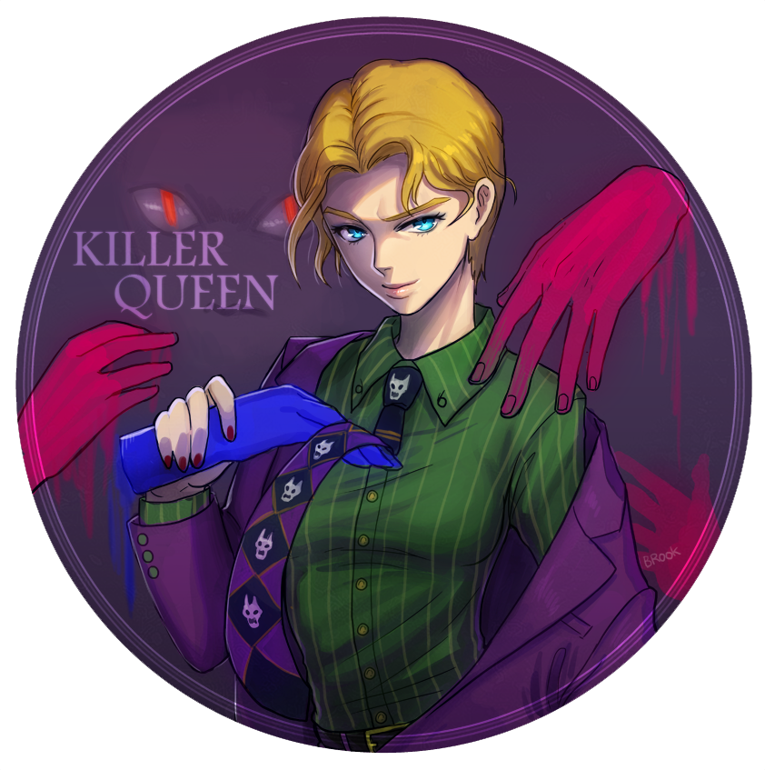 1girl, apple_brk, blonde_hair, blue_eyes, formal, genderswap, jojo_no_kimyou_na_bouken, kira_yoshikage, nail_polish, necktie, severed_hand, severed_hands, short_hair, solo, suit