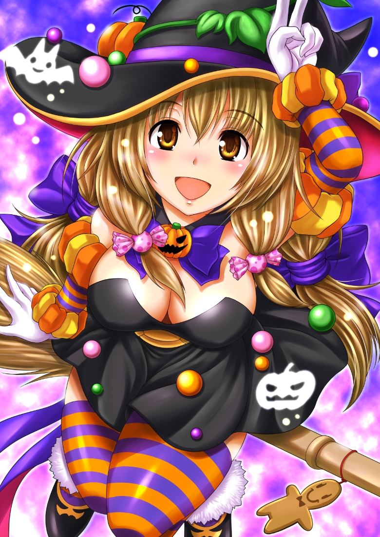 1girl, blonde_hair, blush, breasts, broom, candy, cleavage, female, gloves, hair_ornament, halloween, hat, kittan_(cve27426), long_hair, open_mouth, original, skirt, solo, thighhighs, witch_hat