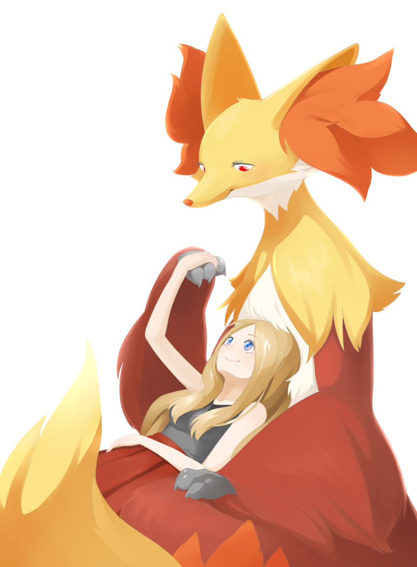 1girl, blue_eyes, brown_hair, delphox, highres, holding_hands, lying_on_lap, momon_(z22222280), no_hat, pokemon, pokemon_(creature), pokemon_(game), pokemon_xy, red_eyes, serena_(pokemon)
