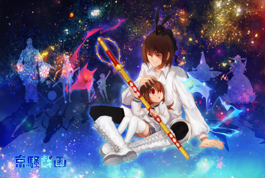 a_(kyousougiga), black_legwear, boots, bow, brown_hair, hair_bow, hand_on_head, head_rest