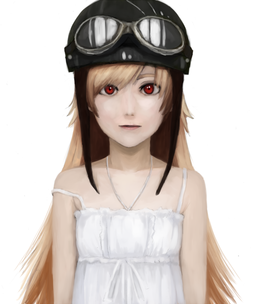 bakemonogatari, blonde_hair, bust, dress, eri_(resia), goggles, goggles_on_head, helmet