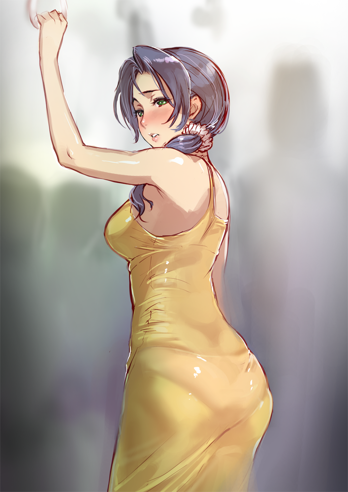 1girl, ass, blue_hair, blush, breasts, dress, green_eyes, lips