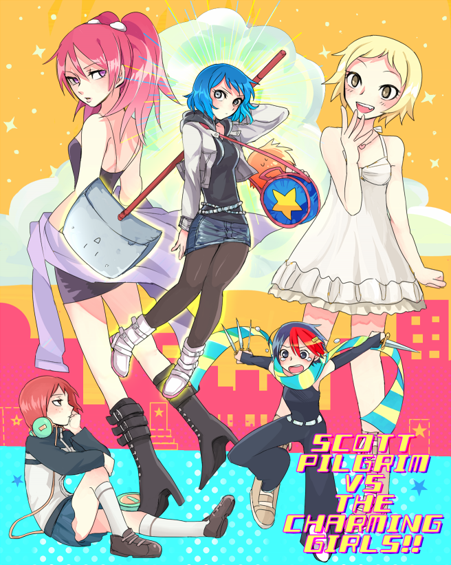 5girls, back, bag, bare_shoulders, belt, black_eyes, blonde_hair, blue_hair