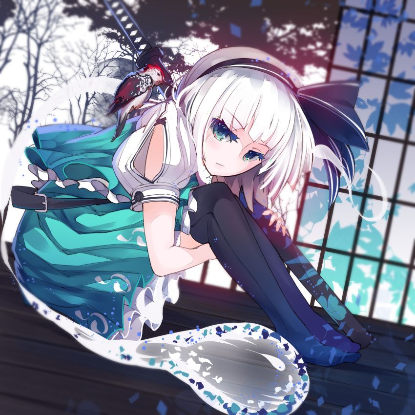 1girl, animal, bird, black_legwear, blue_eyes, ghost, hairband, highres