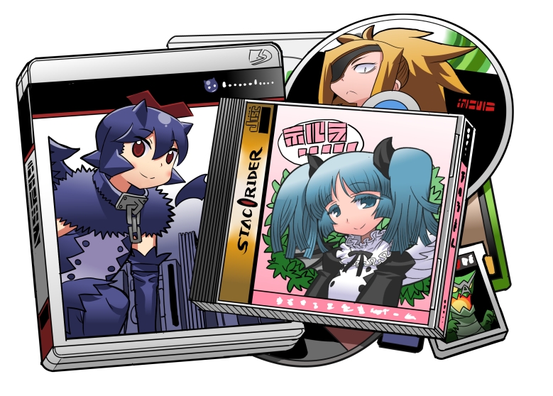 blonde_hair, blue_hair, character_request, compact_disc, denshi_yuugi_mokushiroku, eyepatch, game_cartridge, matsuda_yuusuke